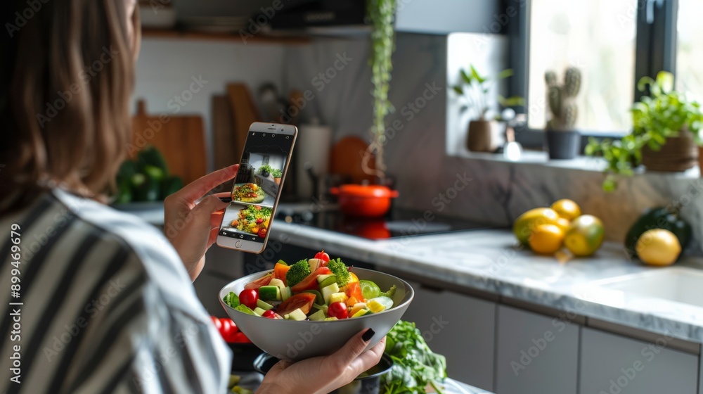 Woman taking a picture of a healthy salad in a stylish kitchen. Nutrition, diet, and food photography concept. Woman taking a picture of a healthy salad in a stylish kitchen. Nutrition, diet, and food photography concept.