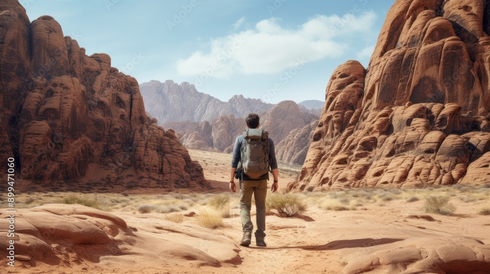 Photograph of an adventurous backpacker photographing a hidden oasis with a palm tree and crystal-clear water, surrounded by towering sand dunes Photograph of an adventurous backpacker photographing a hidden oasis with a palm tree and crystal-clear water, surrounded by towering sand dunes