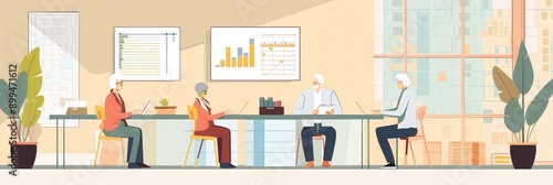 A group of elderly individuals is gathered around a table, actively discussing strategies and sharing ideas in a well-lit office setting. Generative AI