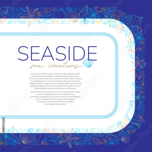 Vector frame, border, vignettes, corners of line art tropical sea elements, seashells, starfish. Doodles of marine life. Sea decor for scrapbook, card, design. Ocean creatures. Maritime illustration