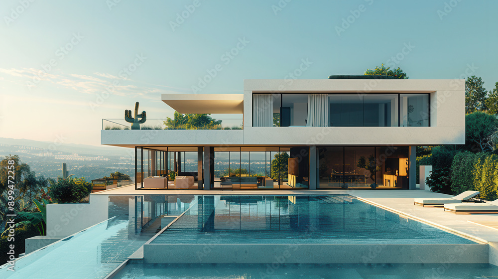 Fototapeta premium Luxurious Modern Villa with Infinity Pool Overlooking a Scenic Landscape at Sunset