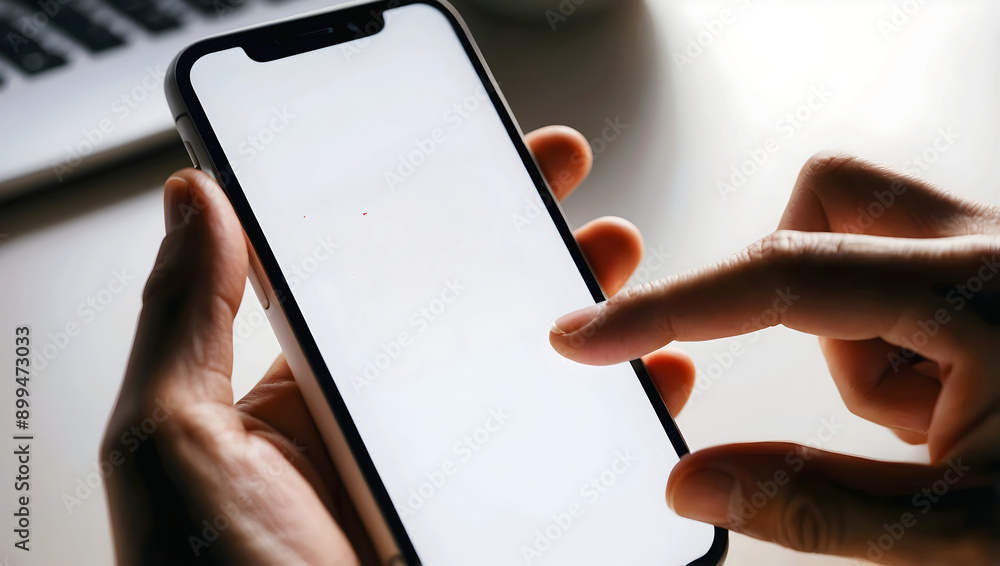 Person holding mobile phone with blank white screen, technology and telecommunication background, template, copy space area,