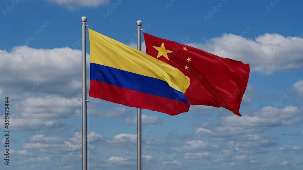 China and Colombia flags flying together, video concept of the relationship, two country relations concept China and Colombia flags flying together, video concept of the relationship, two country relations concept