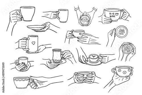 Set of cups and mugs in hands in doodle style. I love tea, tea time, coffee time, cup of coffee, mug of tea, travel mug. Mug in hand. Hand drawn. Vector illustration EPS10