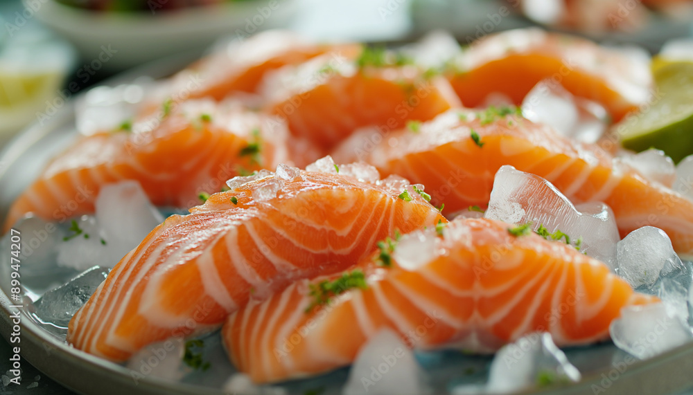 Fresh salmon fish fillet on the plate, Pieces of trout raw red fish, Korean sushi restaurant menu Fresh salmon fish fillet on the plate, Pieces of trout raw red fish, Korean sushi restaurant menu