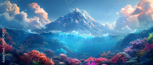 illustration of an underwater and volcano mountain with colorful coral reefs