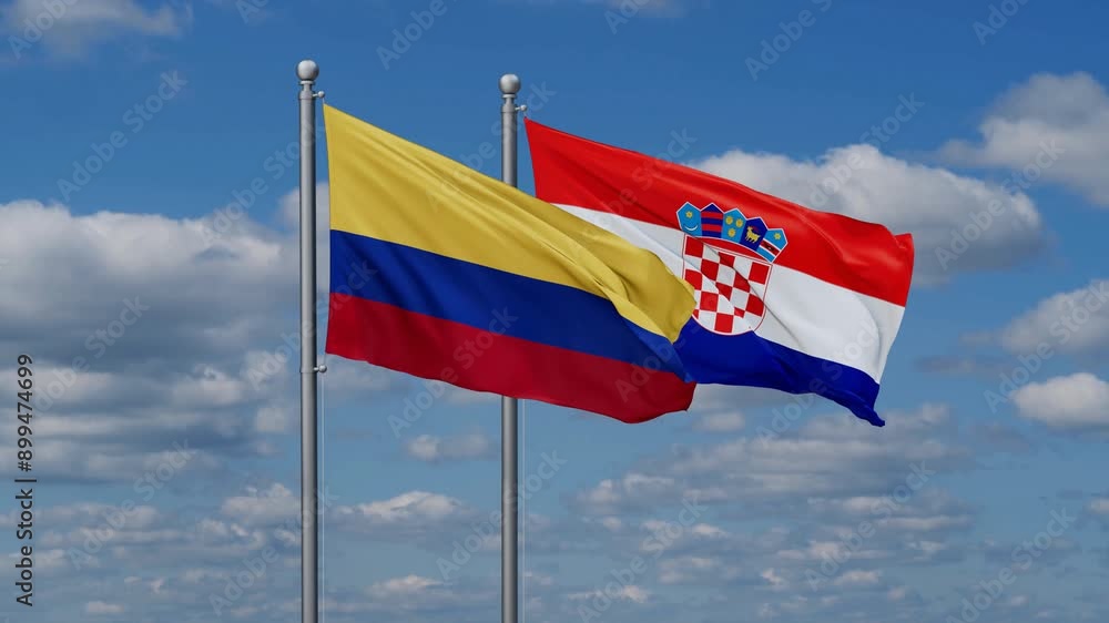 Croatia and Colombia flags flying together, video concept of the relationship, two country cooperation concept Croatia and Colombia flags flying together, video concept of the relationship, two country cooperation concept