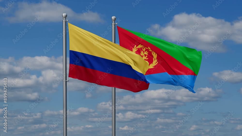 Eritrea and Colombia flags flying together, video concept of the relationship, two country cooperation concept Eritrea and Colombia flags flying together, video concept of the relationship, two country cooperation concept