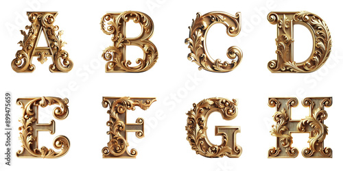 Ornate Vintage Letters A to H : Intricately designed golden letters A, B, C, D, E, F, G, and H in a vintage style