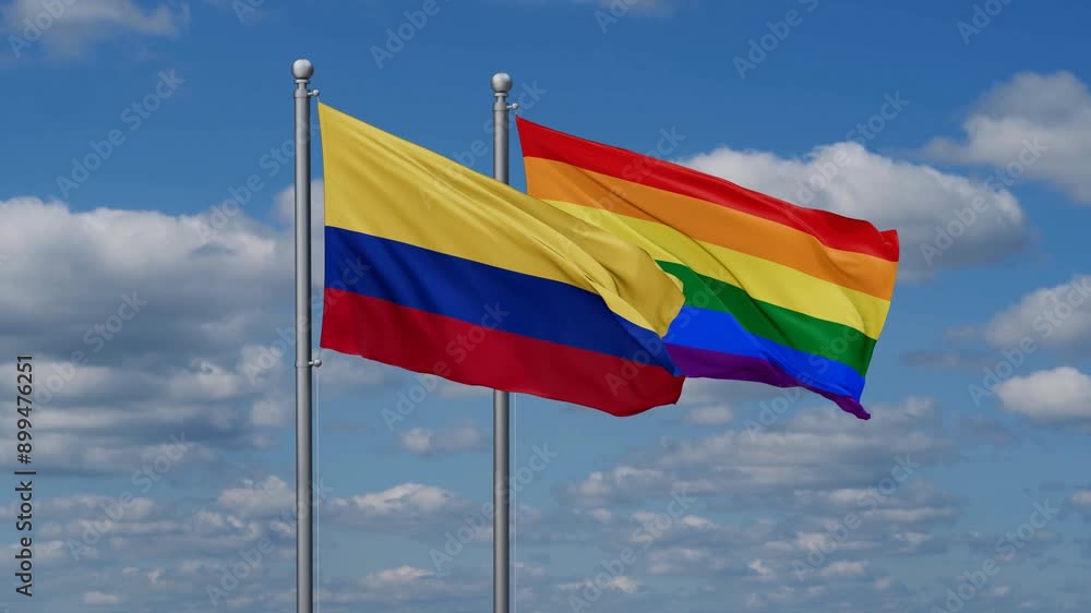 LGBT movement flag also Gay Pride and Colombia two flags waving cycle looped video, tolerance conception in country LGBT movement flag also Gay Pride and Colombia two flags waving cycle looped video, tolerance conception in country