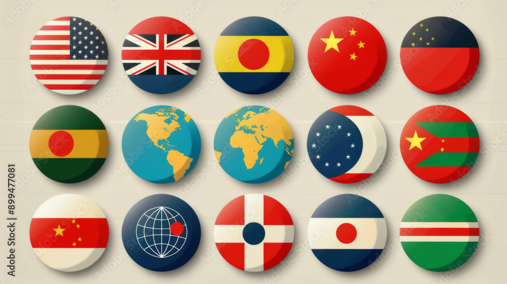 Various international flag buttons displayed in a grid, representing global diversity and international unity.