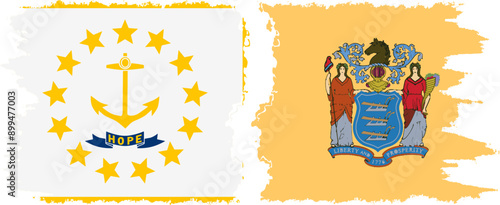 New Jersey and Rhode Island states grunge brush flags connection, vector