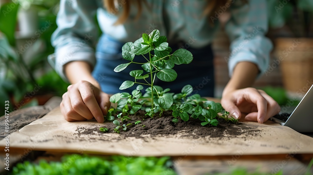 Fototapeta premium Nurturing Green Life: Engaging with Indoor Plants for a Healthier Home and Productive Lifestyle