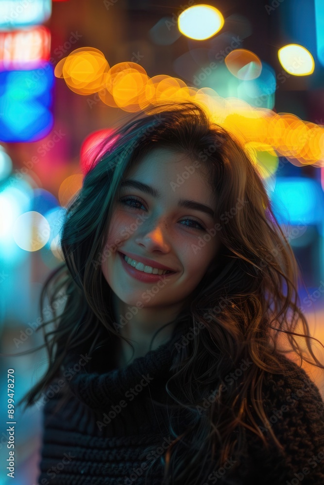Smiling girl on a nighttime city walk, vibrant lights, joyful expression, close-up, urban setting, lively and bright Smiling girl on a nighttime city walk, vibrant lights, joyful expression, close-up, urban setting, lively and bright