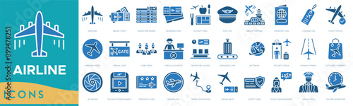 Airline icon. Airplane, Airline Ticket, Departure Board, Boarding Pass, In-Flight Meal, Pilot Hat, Airline Terminal, Passport Icon