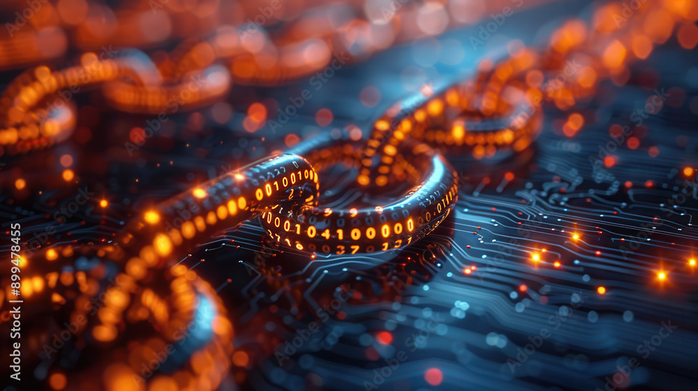 Close-Up of Digital Blockchain Chain with Glowing Links on Circuit Board Background Close-Up of Digital Blockchain Chain with Glowing Links on Circuit Board Background