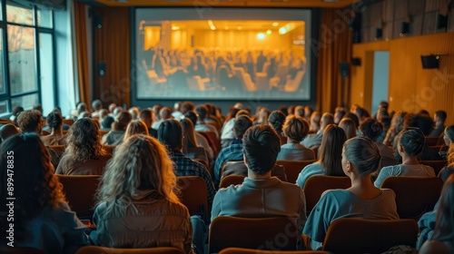 A large crowd of people are sitting in a theater watching a movie