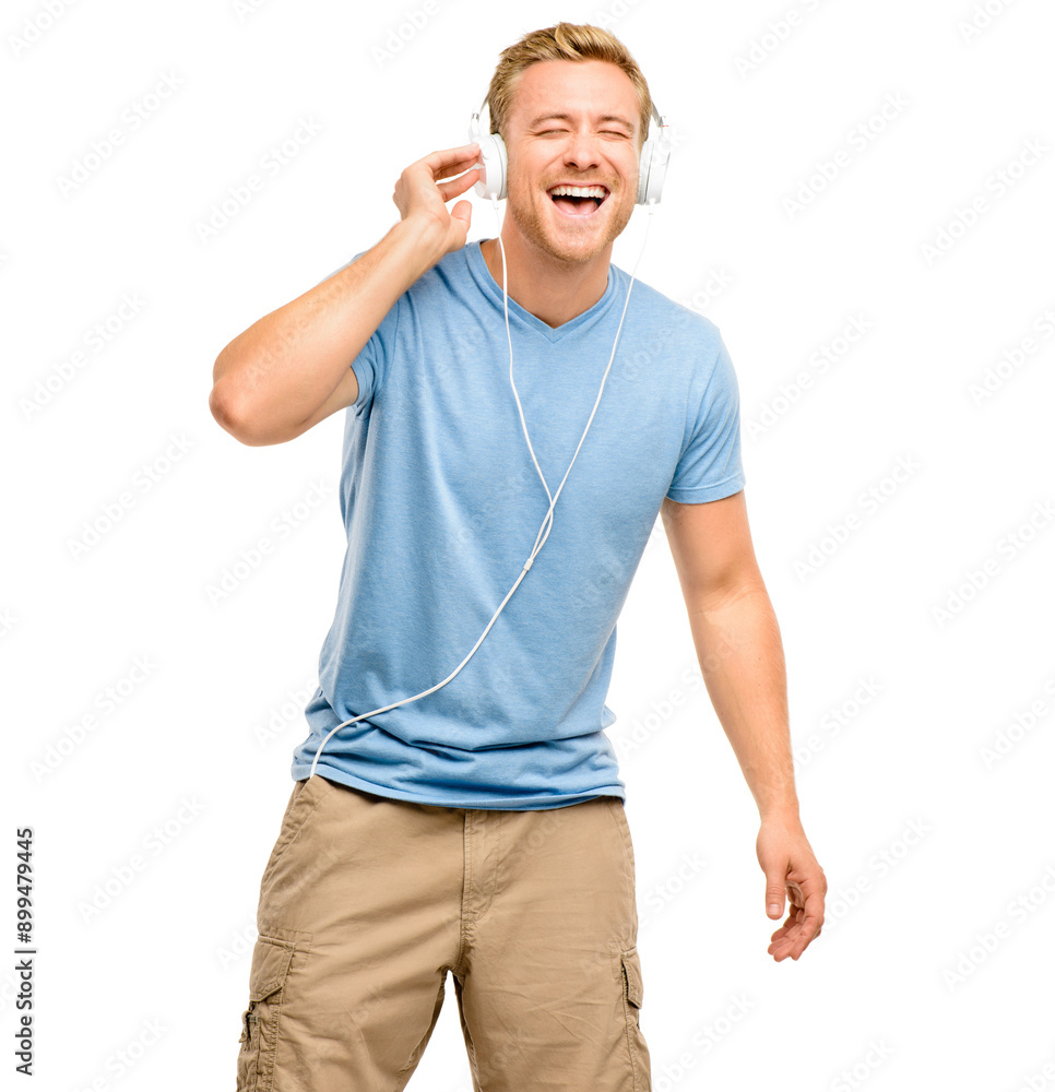 Man, headphones and happy in studio with music, listening and singing lyrics by white background. Person, voice and audio tech for streaming, subscription and hearing with radio, playlist or song Man, headphones and happy in studio with music, listening and singing lyrics by white background. Person, voice and audio tech for streaming, subscription and hearing with radio, playlist or song