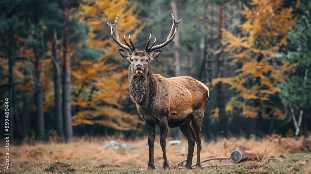 Nature wildlife scene with majestic brown deer in forest wild animals portrait in wilderness beautiful male stag with antlers standing alert in autumn landscape among pine trees and grass Nature wildlife scene with majestic brown deer in forest wild animals portrait in wilderness beautiful male stag with antlers standing alert in autumn landscape among pine trees and grass