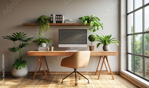 Modern Home Office Interior with Computer, Green Plants, and Natural Light for a Cozy Workspace