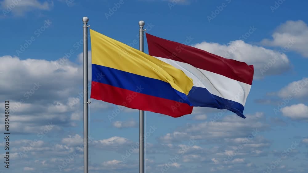 Netherlands and Colombia flags flying together, video concept of the relationship, two country relations concept Netherlands and Colombia flags flying together, video concept of the relationship, two country relations concept
