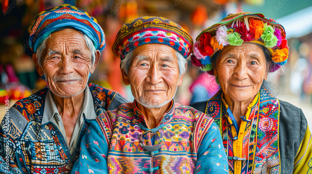 Fototapeta premium Three hmong seniors wearing traditional colorful clothing smiling