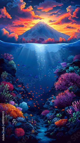 vertical view mountain volcano and underwater sea scape illustration aesthetic