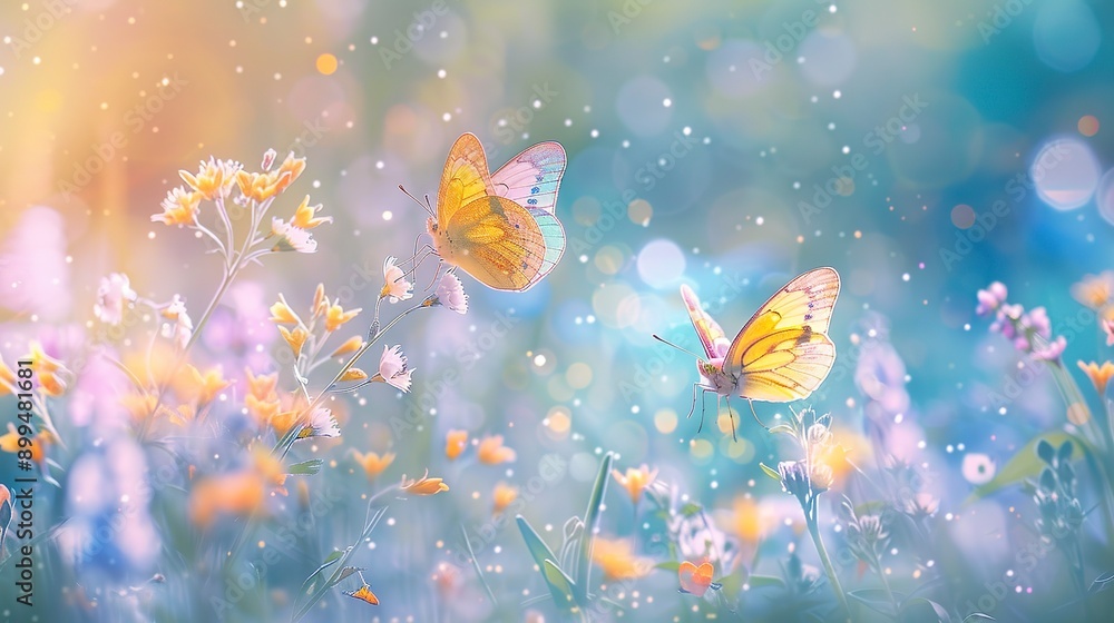 Two yellow butterflies flying in the field of flowers, captured in a bokeh panorama, and light yellow and blue colors. Two yellow butterflies flying in the field of flowers, captured in a bokeh panorama, and light yellow and blue colors.