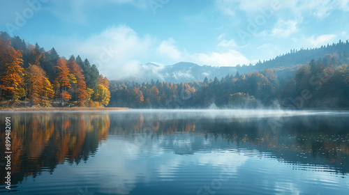 Morning fog over a lake near an autumn forest against the backdrop of mountains © Ruslan