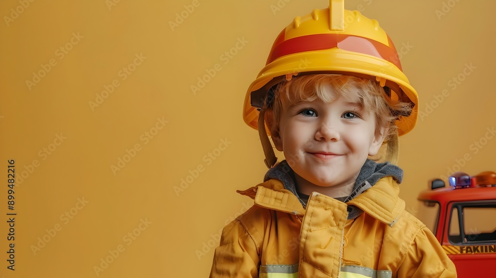 Cheerful Child Dressed as Firefighter Playing with Toy Fire Truck Imaginative and Heroic Adventure Cheerful Child Dressed as Firefighter Playing with Toy Fire Truck Imaginative and Heroic Adventure