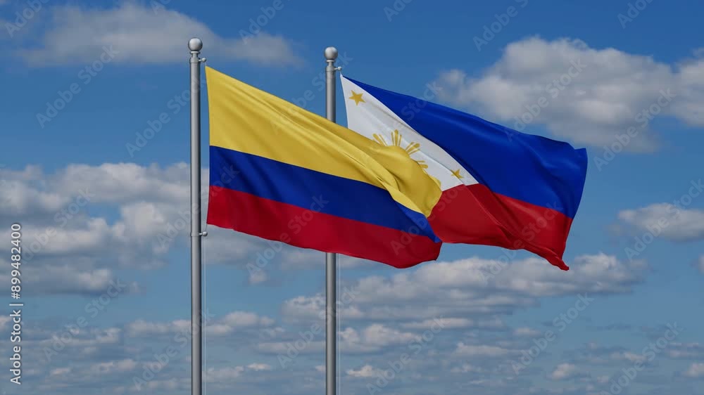 Philippines and Colombia flags flying together, video concept of the relationship, two country cooperation concept Philippines and Colombia flags flying together, video concept of the relationship, two country cooperation concept