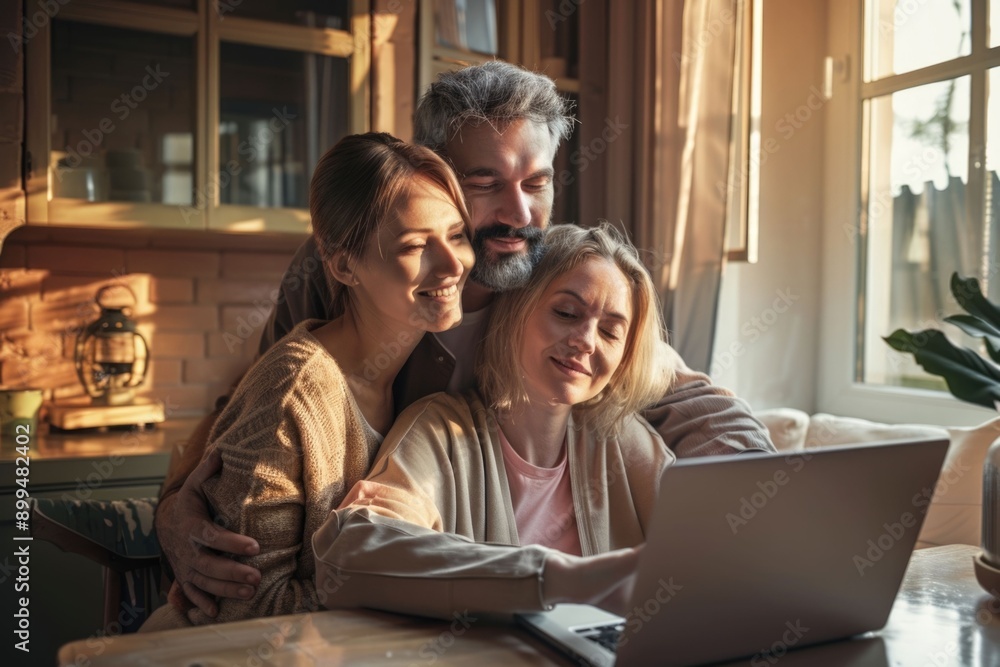 Embraced mature couple surfing the Internet on laptop at home Embraced mature couple surfing the Internet on laptop at home