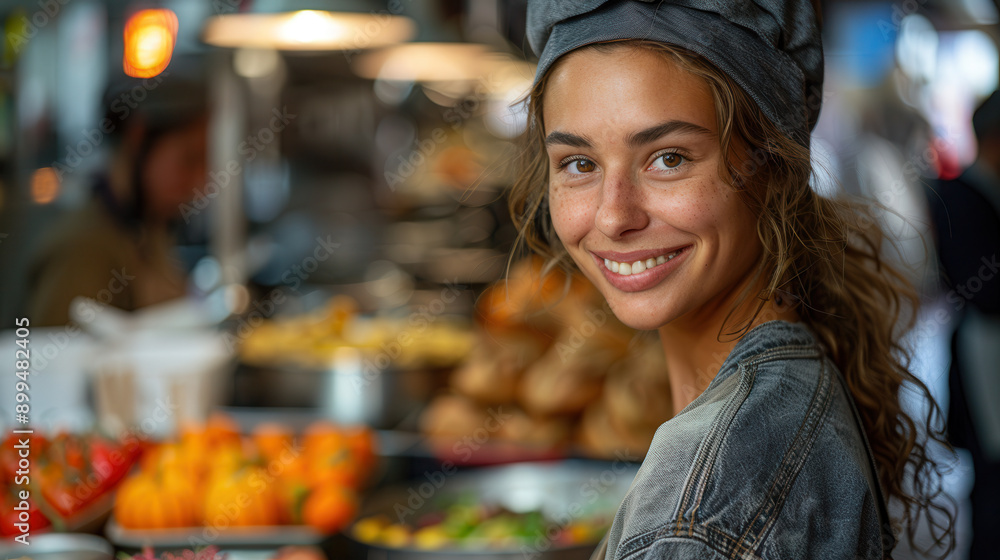 Smiling Woman at Farmers Market Surrounded by Fresh Produce and Vibrant Colors Smiling Woman at Farmers Market Surrounded by Fresh Produce and Vibrant Colors