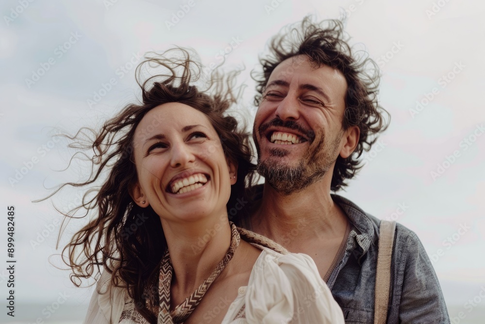 Happy and smiling couple in front of white sky Happy and smiling couple in front of white sky