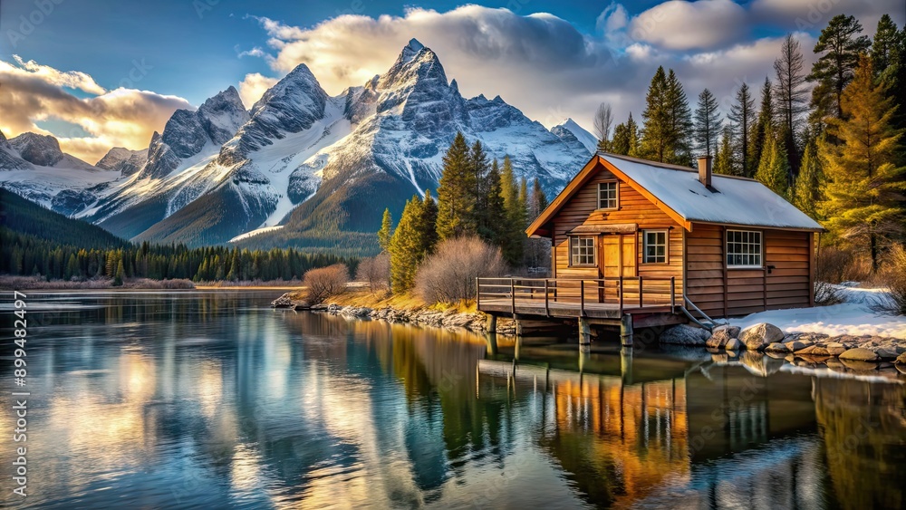 Fototapeta premium Wooden cabin nestled along a riverside with a backdrop of snow-capped mountain peaks, cabin, wooden, riverside, snow peak