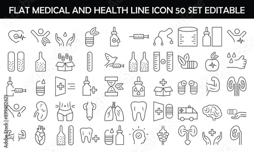 Flat medical and health line icon 50 set editable icon vector 