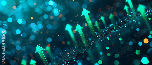 Digital Business Concept: Technical Analysis Chart Shows Growing Green Arrows Up Graph, Success in Profit Growth Upwards, blue bokeh abstract