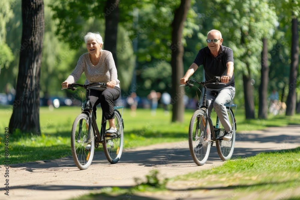 Active seniors enjoying biking in summer park. Active seniors enjoying biking in summer park.