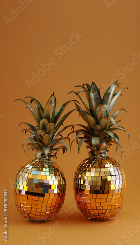 gold pineapple disco ball fruit modern pop art surreal tropical vibrant playful glossy reflective quirky food decor concept background copy space banner abstract creative fun bright summer