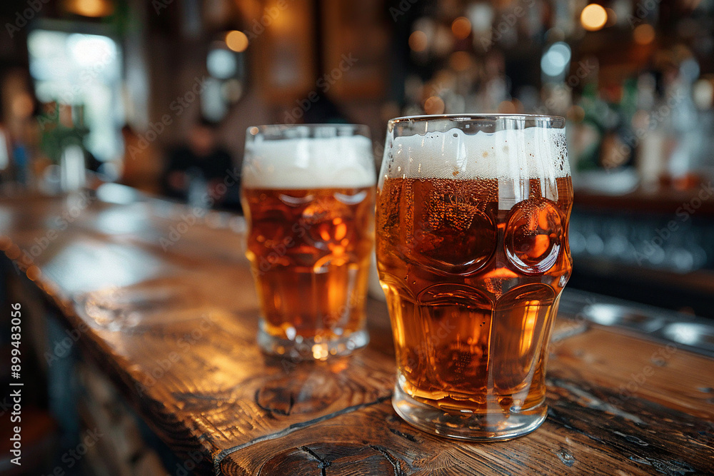 two glasses of beer placed on a wooden bar of a pub .out of focus background two glasses of beer placed on a wooden bar of a pub .out of focus background