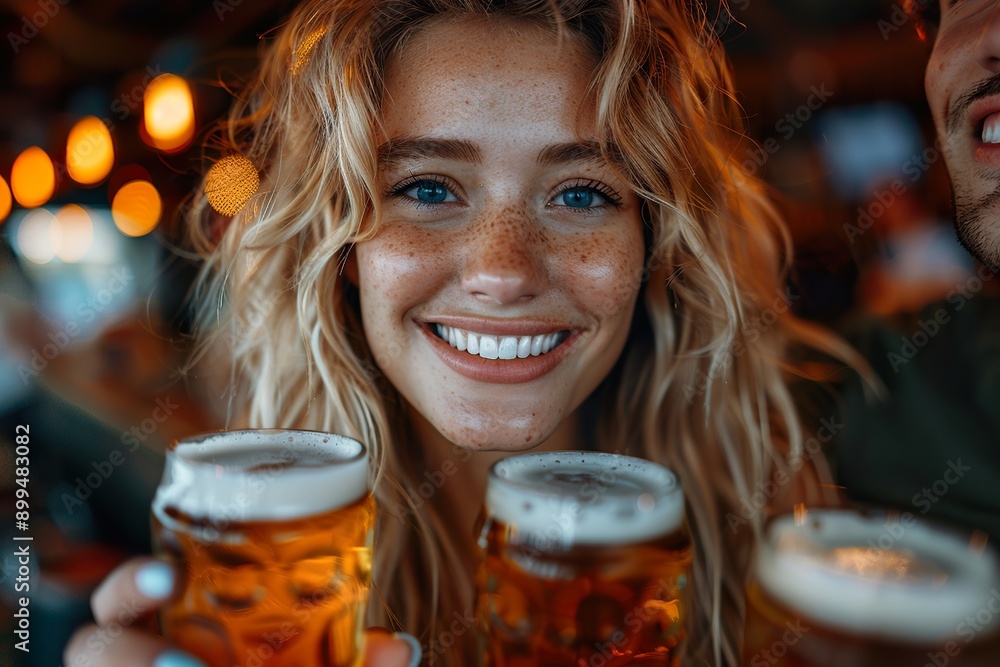 close-up of smiling blonde girl with freckles toasting with beer mug. close-up of smiling blonde girl with freckles toasting with beer mug.