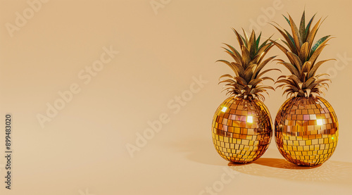 gold pineapple disco ball fruit modern pop art surreal tropical vibrant playful glossy reflective quirky food decor concept background copy space banner abstract creative fun bright summer