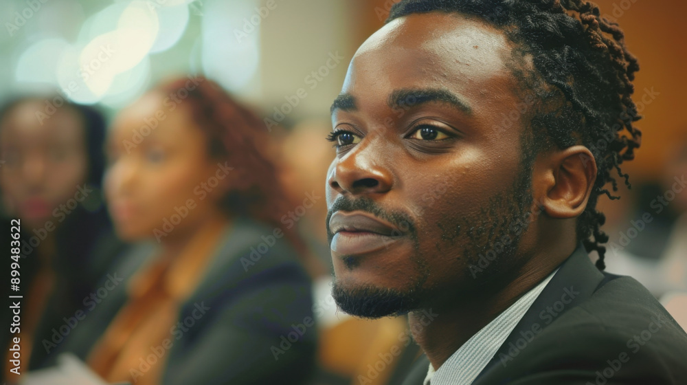 A close-up of a confident businessman attentively listening during a meeting, with colleagues in the background. A close-up of a confident businessman attentively listening during a meeting, with colleagues in the background.