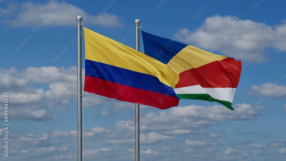 Seychelles and Colombia flags flying together, video concept of the relationship, two country relations concept Seychelles and Colombia flags flying together, video concept of the relationship, two country relations concept
