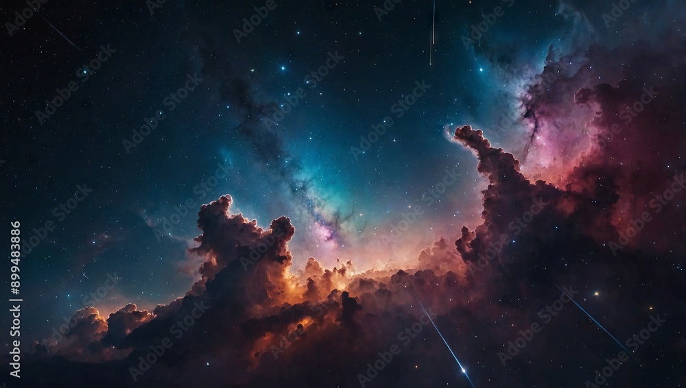 A vast, colorful nebula with shooting stars passing through A vast, colorful nebula with shooting stars passing through