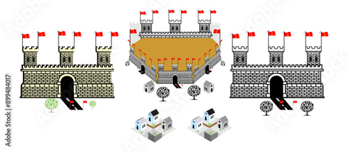 Medieval  Castle With A Princess, With Three Towers, With Flags, Gates, A Moat, Drawbridge. Outline Vector Image For Children's Coloring. The Contour Of A Medieval Castle