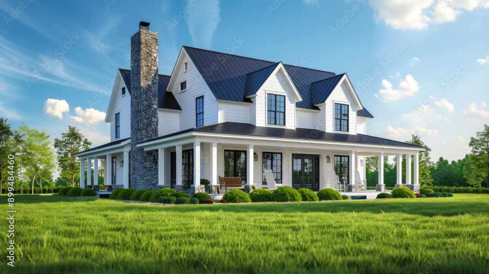 Charming Two-Story White Farmhouse Surrounded by Lush Green Grass and Trees on a Sunny Day Charming Two-Story White Farmhouse Surrounded by Lush Green Grass and Trees on a Sunny Day