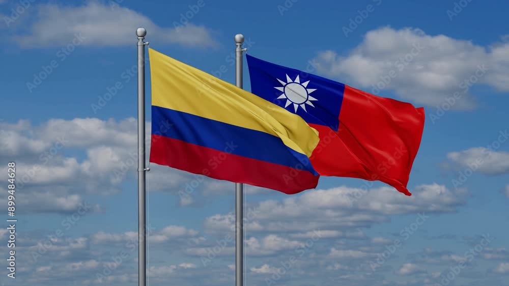 Taiwan and Colombia flags flying together, video concept of the relationship, two country cooperation concept Taiwan and Colombia flags flying together, video concept of the relationship, two country cooperation concept