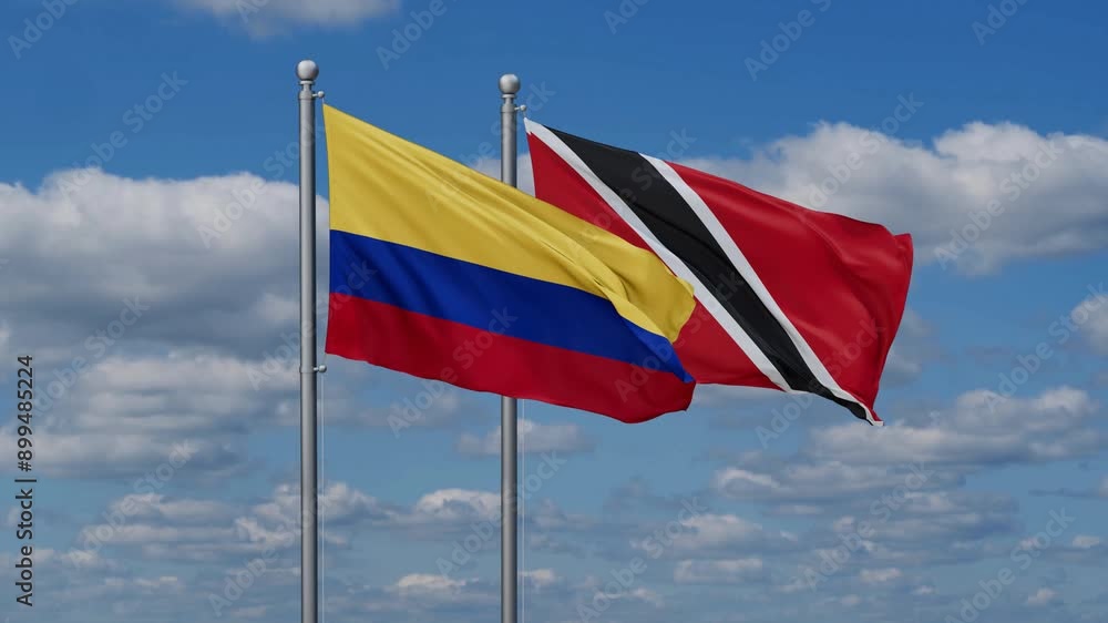 Trinidad and Tobago and Colombia flags flying together, video concept of the relationship, two country cooperation concept Trinidad and Tobago and Colombia flags flying together, video concept of the relationship, two country cooperation concept