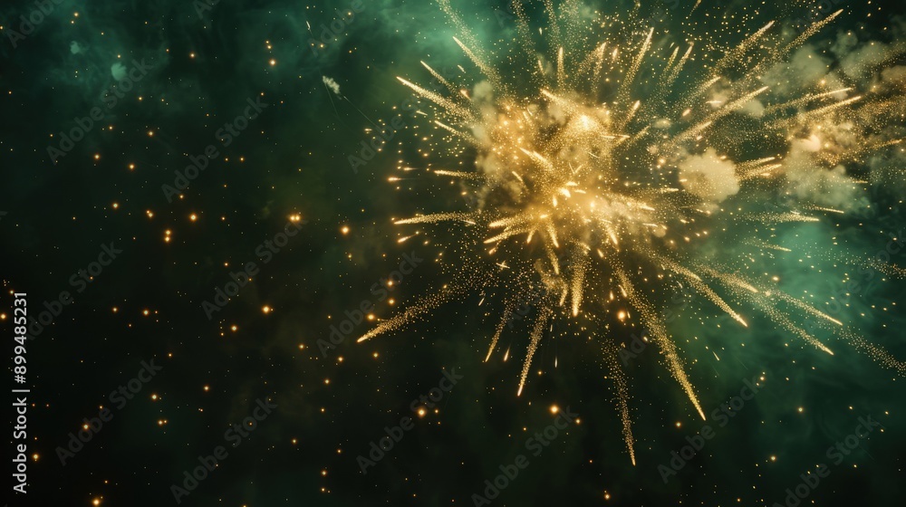 Fototapeta premium Gold and green fireworks bursting against a starry backdrop in the night sky